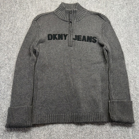 DKNY Jeans Sweaters - Y2K DKNY Jeans Womens XL Gray Ribbed Quarter Zip Pullover Sweater Logo Spellout